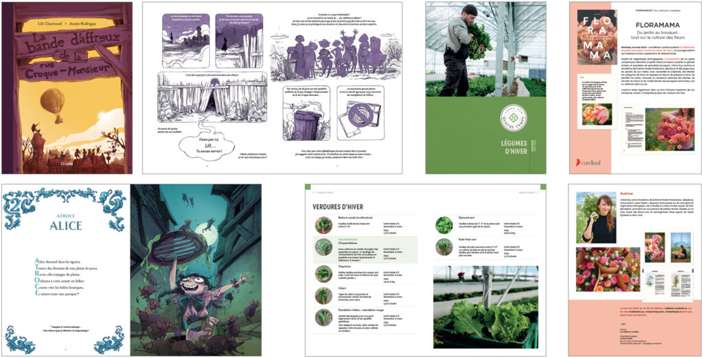 Exemples de mise en pages: album jeunesse, catalogue de produits fermiers, communiqué