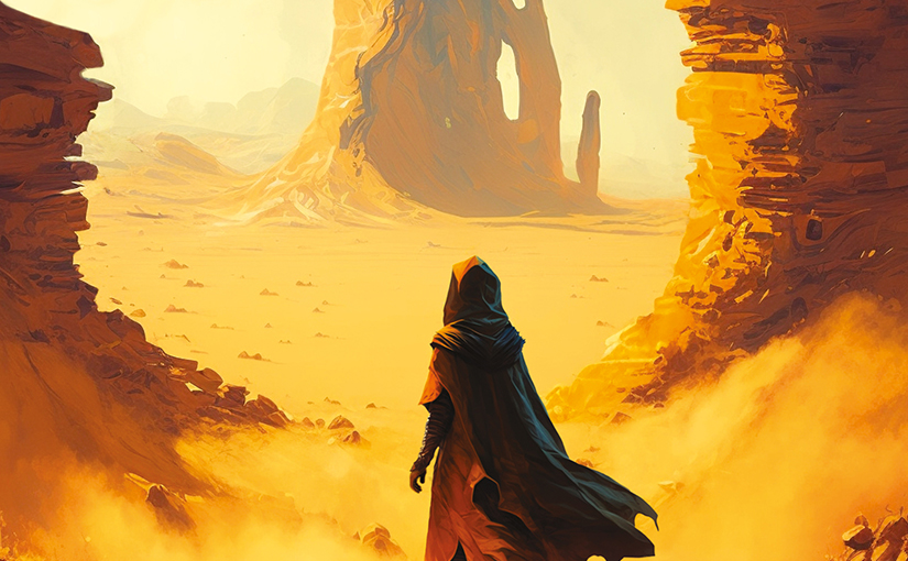 Une femme de dos regarde un vaste désert baigné de soleil où s’élève une imposante cheminée de fée.