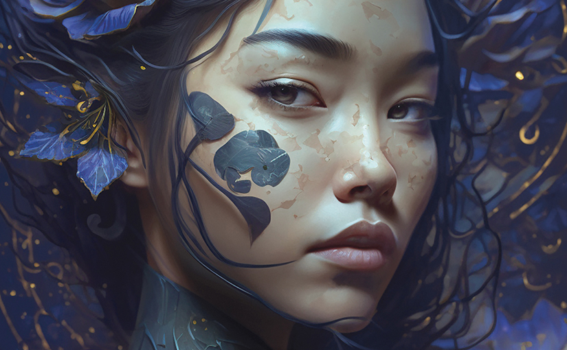 Portrait d'une jeune femme aux traits asiatiques avec un motif de feuille sur la joue.
